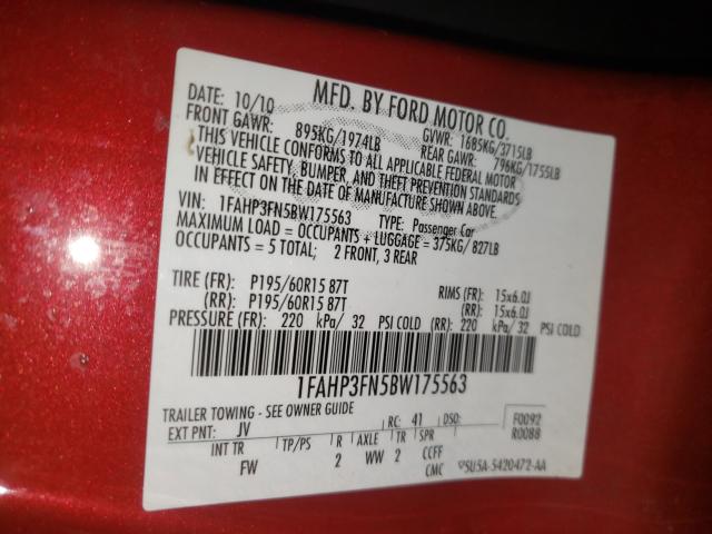 Photo 10 from auction – 2011 FORD FOCUS SE with VIN 1FAHP3FN5BW175563