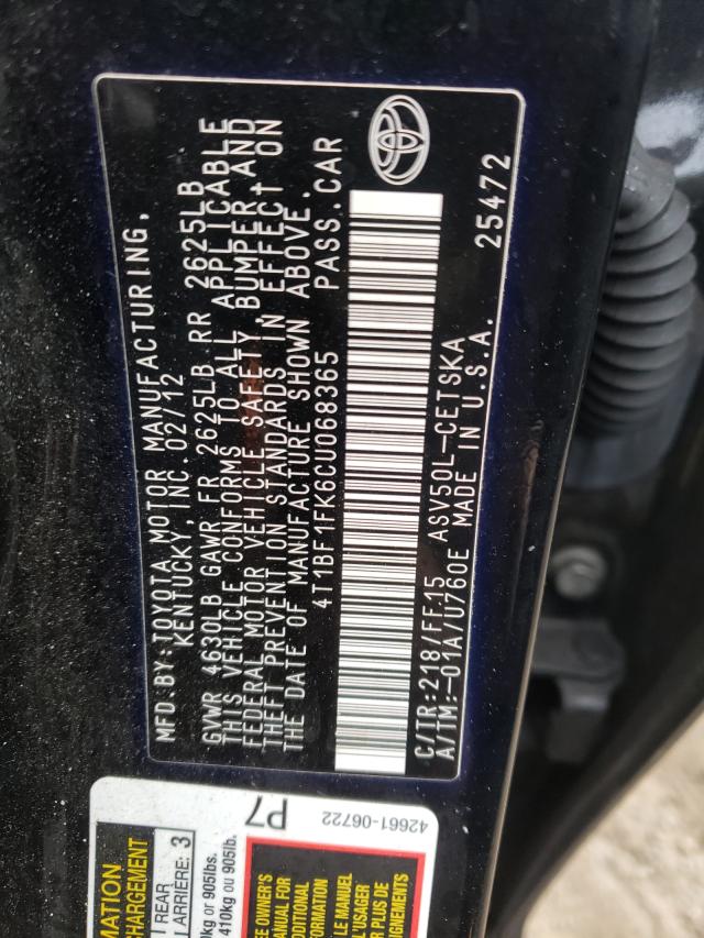 Photo 10 from auction – 2012 TOYOTA CAMRY with VIN 4T1BF1FK6CU068365
