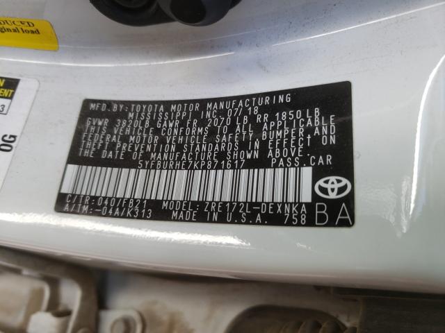 Photo 10 from auction – 2019 TOYOTA COROLLA L with VIN 5YFBURHE7KP871617