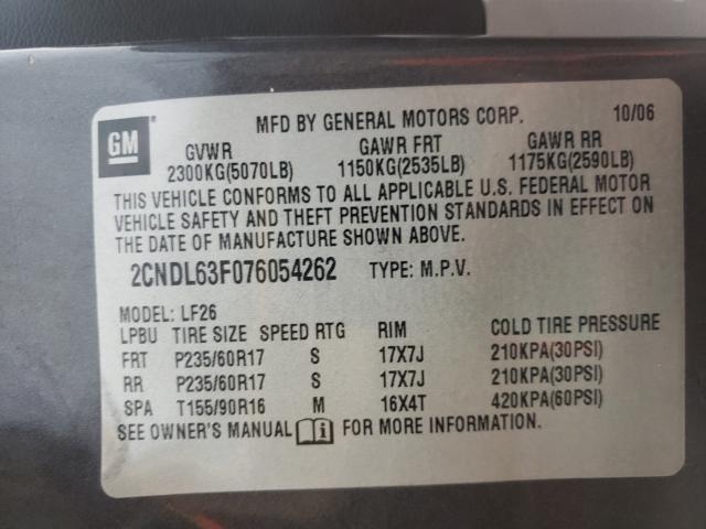 Photo 10 from auction – 2007 CHEVROLET EQUINOX LT with VIN 2CNDL63F076054262