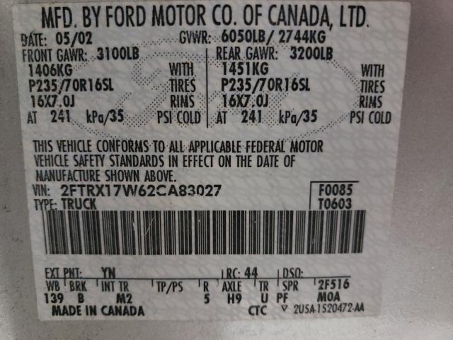 Photo 10 from auction – 2002 FORD F150 with VIN 2FTRX17W62CA83027