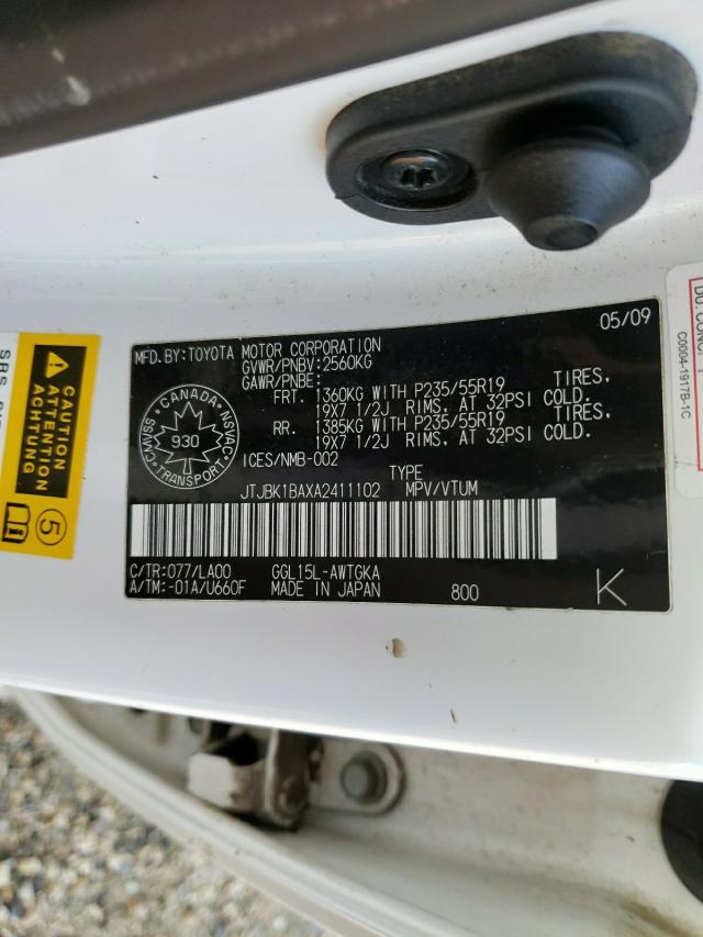 Photo 10 from auction – 2010 LEXUS RX 350 with VIN JTJBK1BAXA2411102