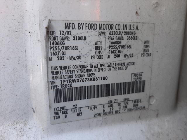 Photo 10 from auction – 2003 FORD F150 SUPER with VIN 1FTRW07673KB61180