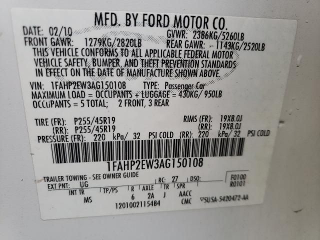 Photo 10 from auction – 2010 FORD TAURUS SEL with VIN 1FAHP2EW3AG150108