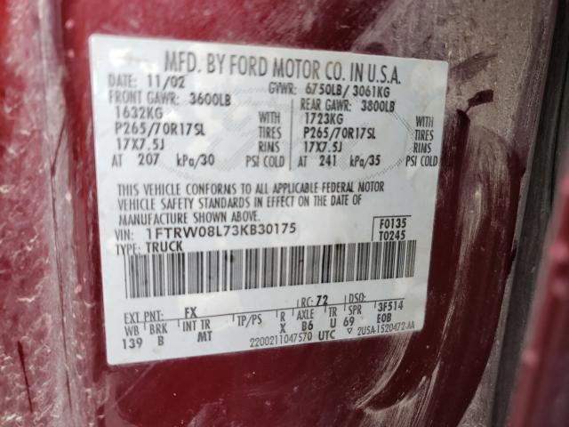 Photo 10 from auction – 2003 FORD F150 SUPER with VIN 1FTRW08L73KB30175