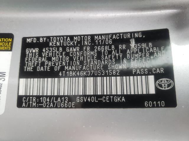 Photo 10 from auction – 2007 TOYOTA CAMRY LE with VIN 4T1BK46K37U531582