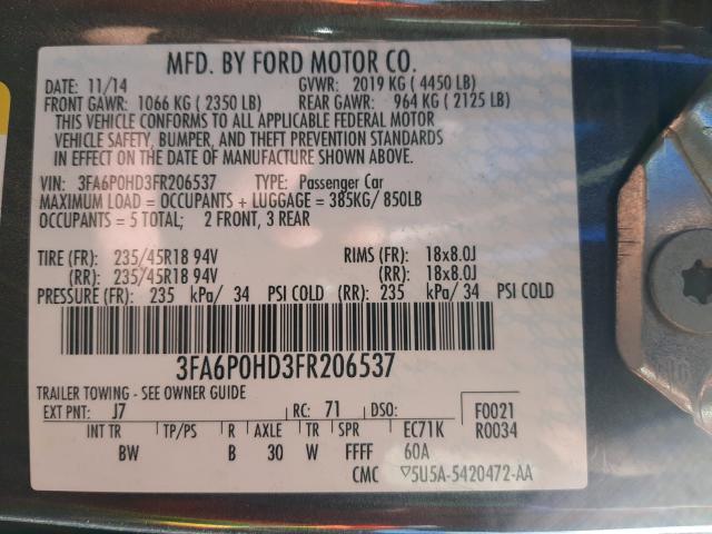 Photo 10 from auction – 2015 FORD FUSION SE with VIN 3FA6P0HD3FR206537