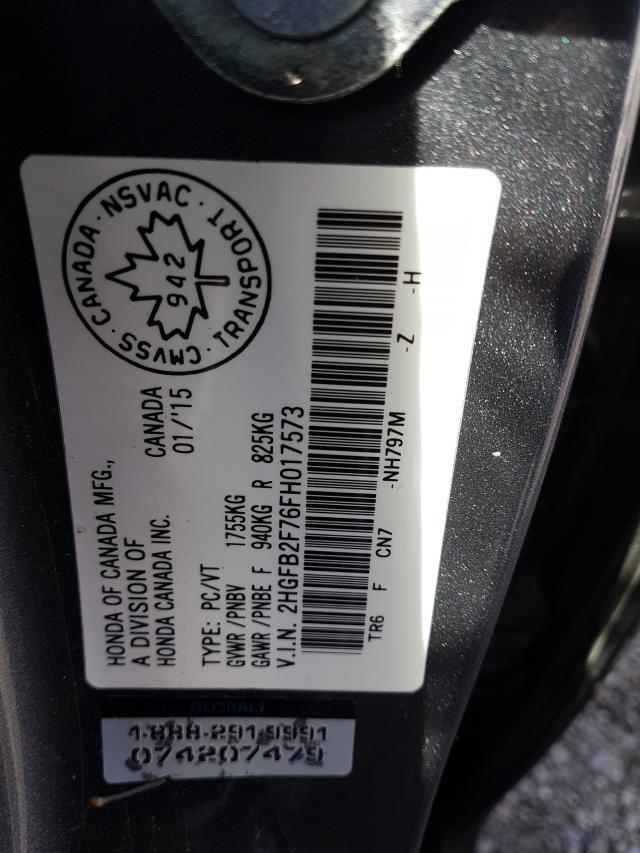 Photo 9 from auction – 2015 HONDA CIVIC SE with VIN 2HGFB2F76FH017573