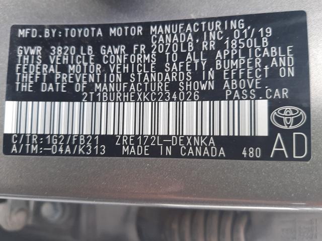Photo 10 from auction – 2019 TOYOTA COROLLA L with VIN 2T1BURHEXKC234026