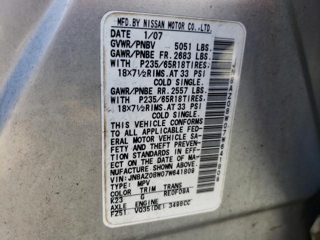 Photo 10 from auction – 2007 NISSAN MURANO with VIN JN8AZ08W07W641809