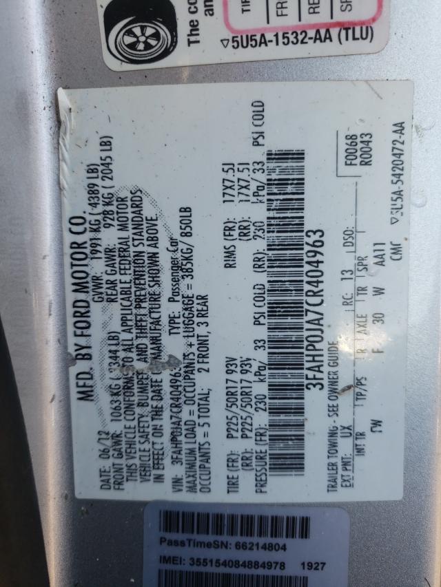 Photo 10 from auction – 2012 FORD FUSION SEL with VIN 3FAHP0JA7CR404963