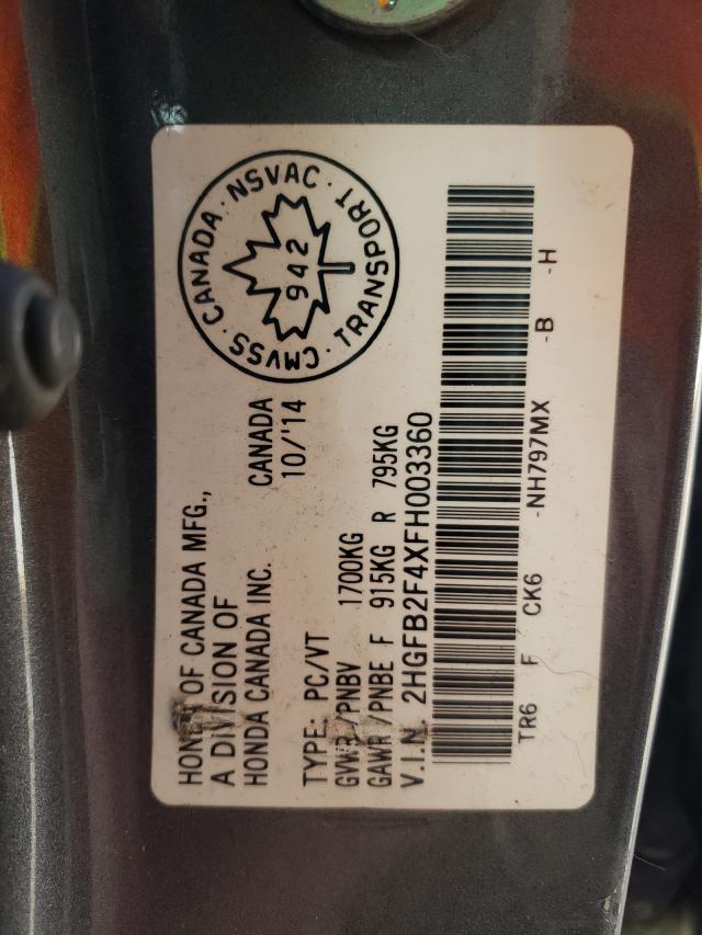 Photo 10 from auction – 2015 HONDA CIVIC LX with VIN 2HGFB2F4XFH003360