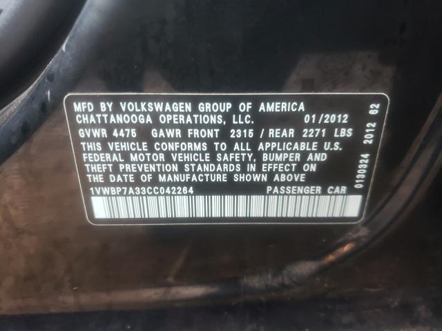 Photo 10 from auction – 2012 VOLKSWAGEN PASSAT SE with VIN 1VWBP7A33CC042264
