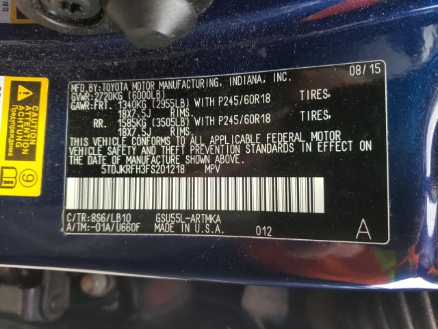 Photo 10 from auction – 2015 TOYOTA HIGHLANDER with VIN 5TDJKRFH3FS201218