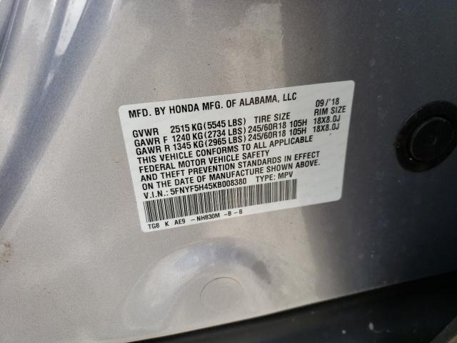 Photo 10 from auction – 2019 HONDA PILOT EXL with VIN 5FNYF5H45KB008380