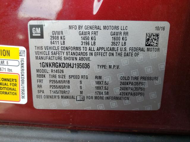 Photo 10 from auction – 2017 CHEVROLET TRAVERSE L with VIN 1GNKRGKD0HJ195036
