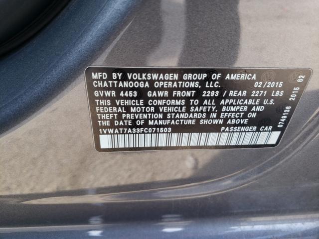 Photo 10 from auction – 2015 VOLKSWAGEN PASSAT S with VIN 1VWAT7A33FC071503