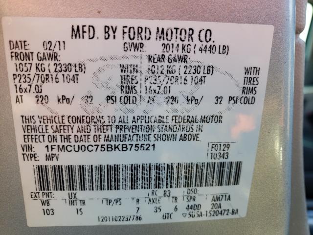 Photo 10 from auction – 2011 FORD ESCAPE XLS with VIN 1FMCU0C75BKB75521