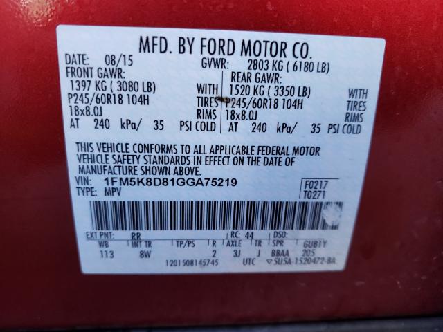 Photo 10 from auction – 2016 FORD EXPLORER X with VIN 1FM5K8D81GGA75219