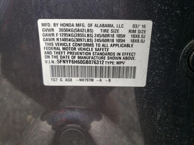 Photo 10 from auction – 2016 HONDA PILOT EXL with VIN 5FNYF6H60GB076312