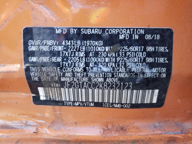 Photo 10 from auction – 2019 SUBARU CROSSTREK with VIN JF2GTACC2K8232123