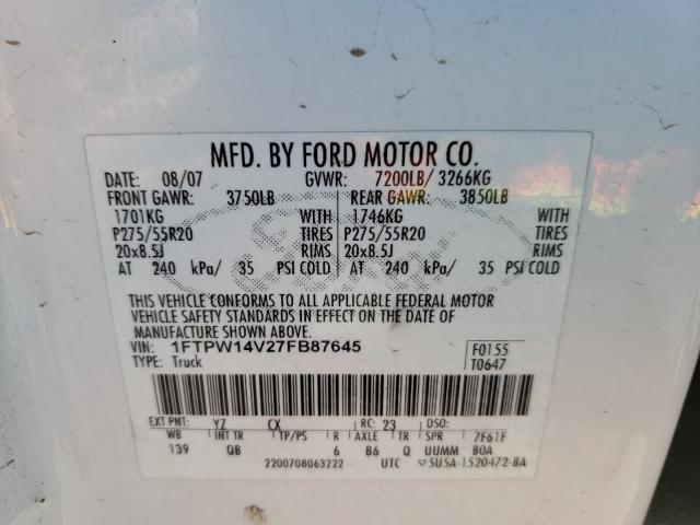 Photo 10 from auction – 2007 FORD F150 SUPER with VIN 1FTPW14V27FB87645