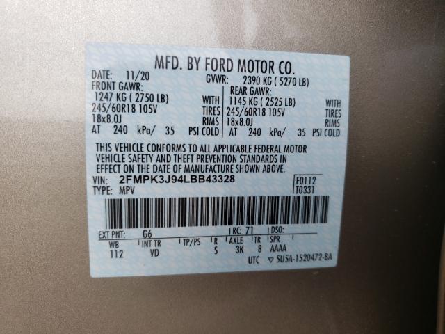 Photo 10 from auction – 2020 FORD EDGE SEL with VIN 2FMPK3J94LBB43328