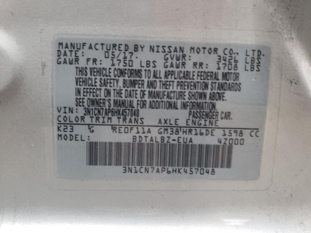 Photo 10 from auction – 2017 NISSAN VERSA S with VIN 3N1CN7AP6HK457048
