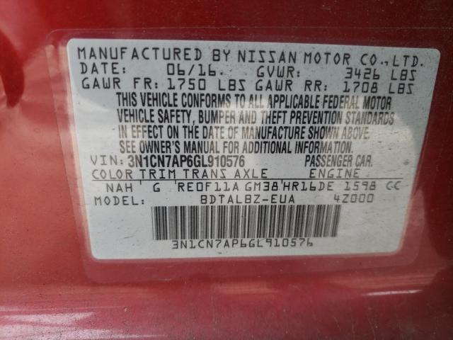 Photo 10 from auction – 2016 NISSAN VERSA S with VIN 3N1CN7AP6GL910576