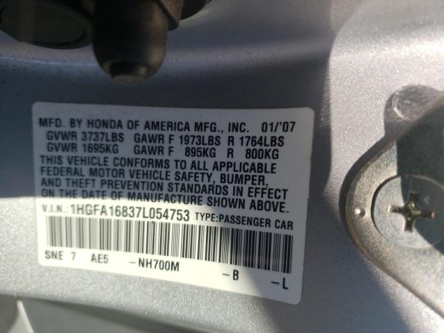 Photo 10 from auction – 2007 HONDA CIVIC EX with VIN 1HGFA16837L054753