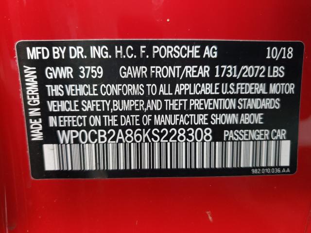 Photo 10 from auction – 2019 PORSCHE BOXSTER S with VIN WP0CB2A86KS228308