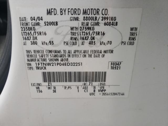 Photo 10 from auction – 2004 FORD F250 SUPER with VIN 1FTNW21P04ED32251