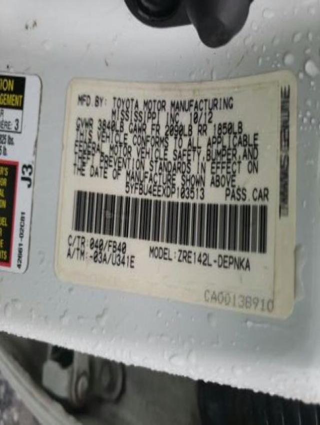 Photo 10 from auction – 2013 TOYOTA COROLLA BA with VIN 5YFBU4EEXDP103513