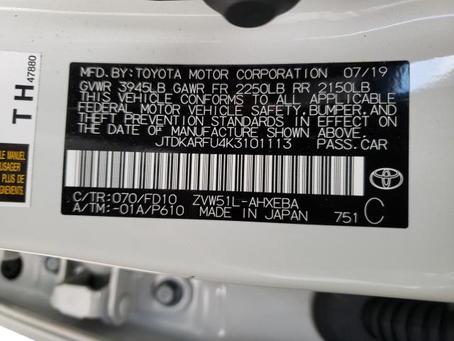 Photo 10 from auction – 2019 TOYOTA PRIUS with VIN JTDKARFU4K3101113