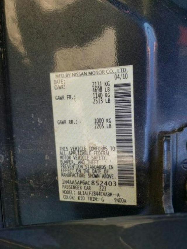 Photo 10 from auction – 2010 NISSAN MAXIMA S with VIN 1N4AA5AP6AC852403