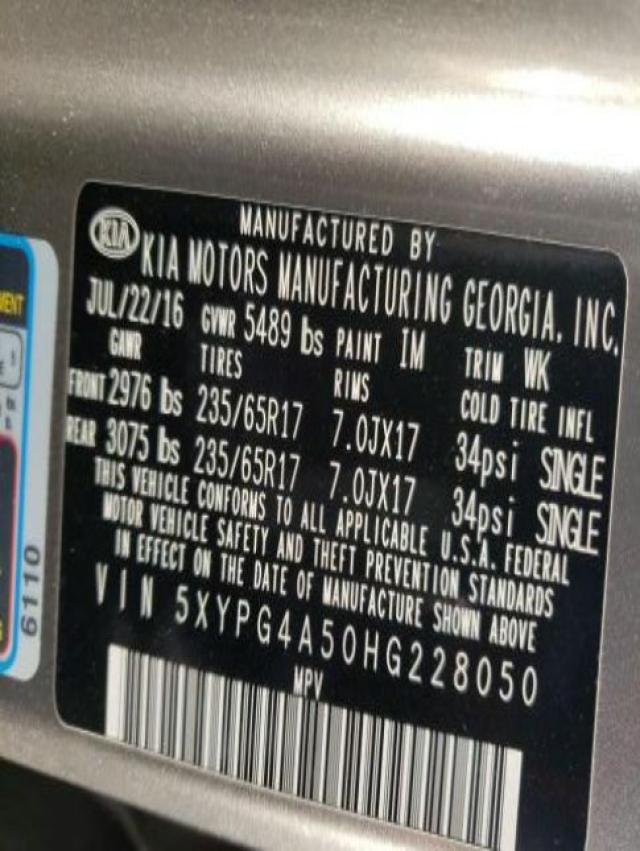 Photo 10 from auction – 2017 KIA SORENTO LX with VIN 5XYPG4A50HG228050