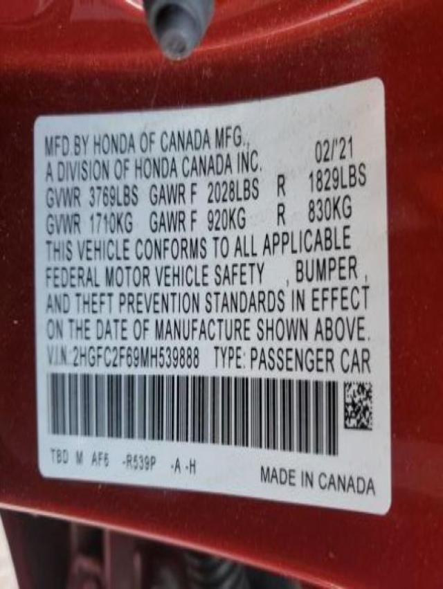 Photo 10 from auction – 2021 HONDA CIVIC LX with VIN 2HGFC2F69MH539888
