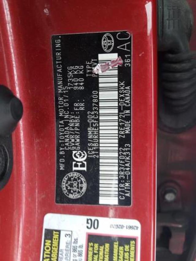 Photo 9 from auction – 2015 TOYOTA COROLLA L with VIN 2T1BURHE5FC337800