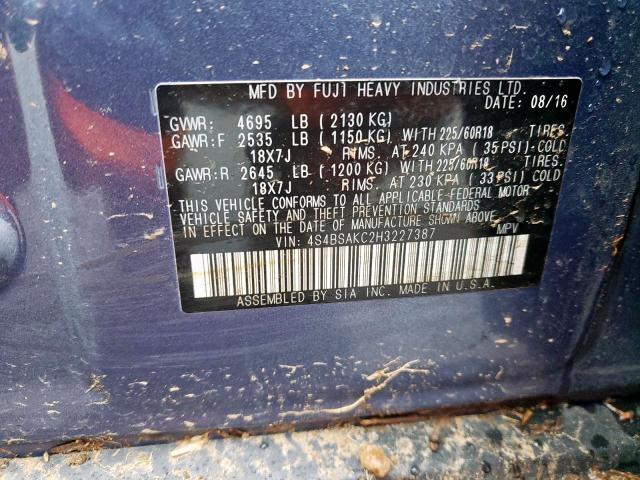 Photo 10 from auction – 2017 SUBARU OUTBACK 2. with VIN 4S4BSAKC2H3227387