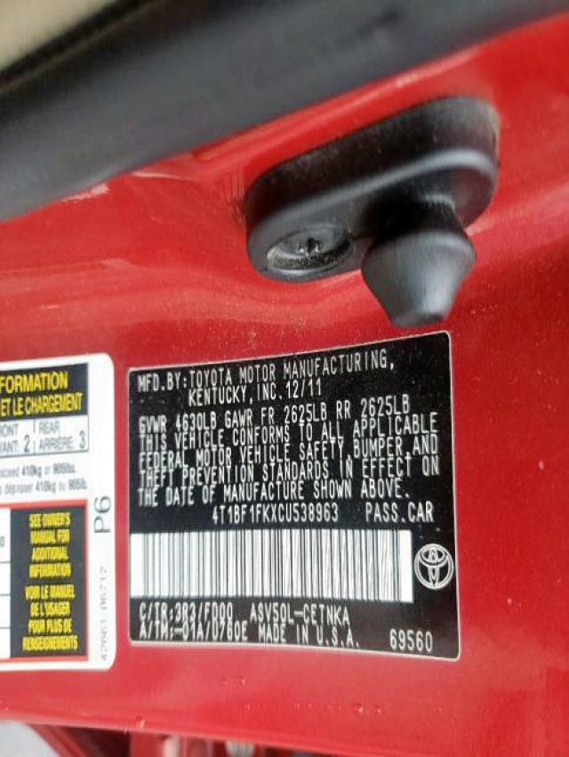 Photo 10 from auction – 2012 TOYOTA CAMRY BASE with VIN 4T1BF1FKXCU538963