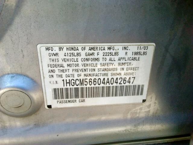 Photo 10 from auction – 2004 HONDA ACCORD EX with VIN 1HGCM56604A042647