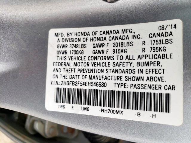 Photo 10 from auction – 2014 HONDA CIVIC LX with VIN 2HGFB2F54EH546680