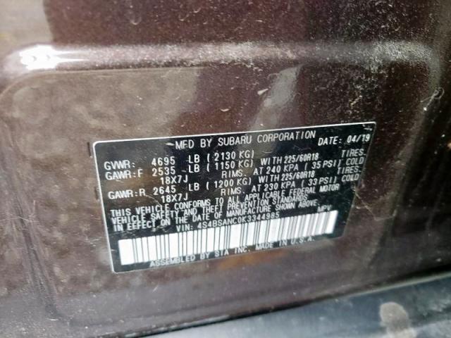 Photo 10 from auction – 2019 SUBARU OUTBACK 2. with VIN 4S4BSANC0K3344985