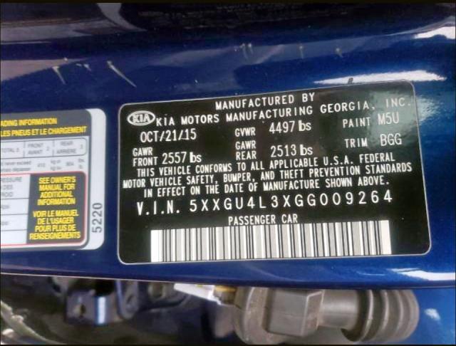 Photo 10 from auction – 2016 KIA OPTIMA EX with VIN 5XXGU4L3XGG009264