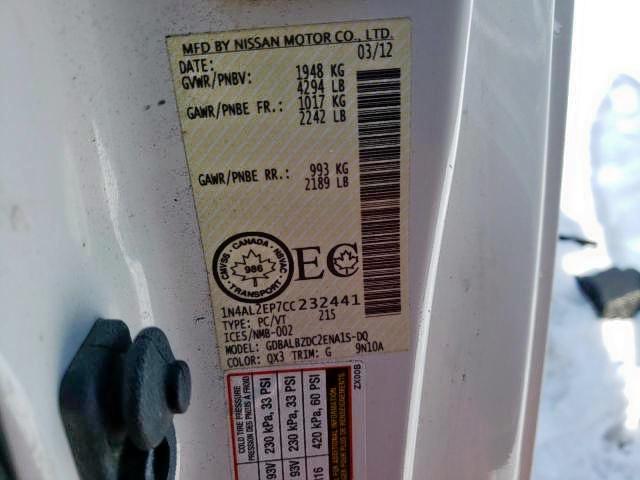 Photo 9 from auction – 2012 NISSAN ALTIMA S with VIN 1N4AL2EP7CC232441
