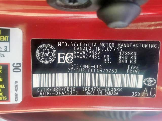 Photo 10 from auction – 2015 TOYOTA COROLLA L with VIN 2T1BURHE0FC473753