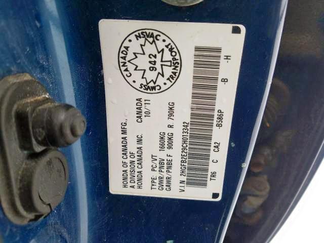 Photo 9 from auction – 2012 HONDA CIVIC DX with VIN 2HGFB2E29CH013342