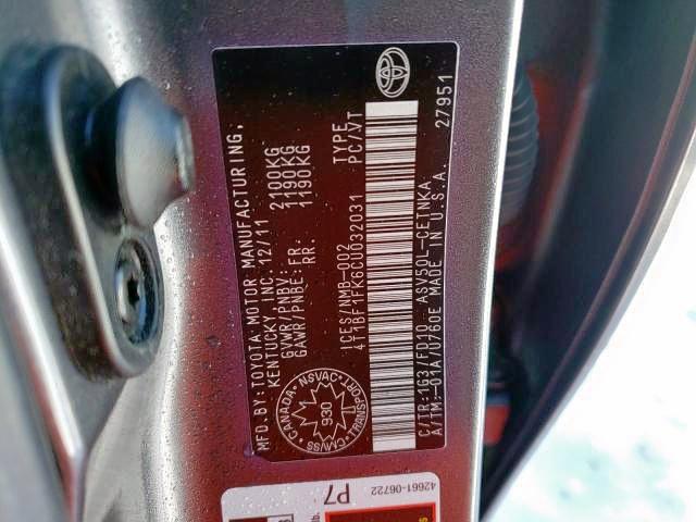 Photo 9 from auction – 2012 TOYOTA CAMRY BASE with VIN 4T1BF1FK6CU032031