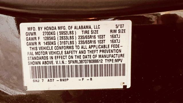 Photo 10 from auction – 2007 HONDA ODYSSEY EX with VIN 5FNRL38707B088612