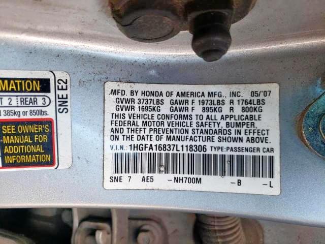 Photo 10 from auction – 2007 HONDA CIVIC with VIN 1HGFA16837L118306